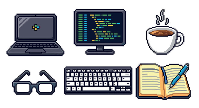 Collection of pixel art icons representing a programmer's workspace essentials, including a laptop, monitor with code, coffee, glasses, keyboard, and notebook, isolated on white