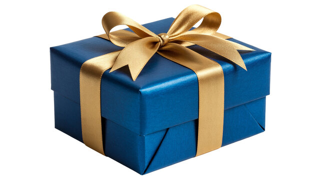 Elegant blue present wrapped with shiny gold ribbon for special occasions and holiday celebrations