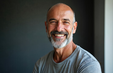 Obraz premium A mature man with a bald head and gray beard smiles genuinely. He wears a gray t-shirt and looks directly at the camera with a friendly expression, radiating confidence and positivity.