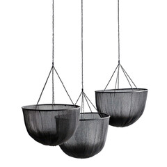 Three metal pots suspended from a mesh, creating a stylish and practical display for plants or herbs, isolated on transparent background