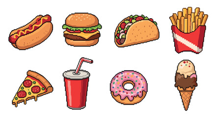 Collection of colorful pixel art fast food icons including a hamburger, pizza, hot dog, taco, and donut, isolated for a retro video game aesthetic