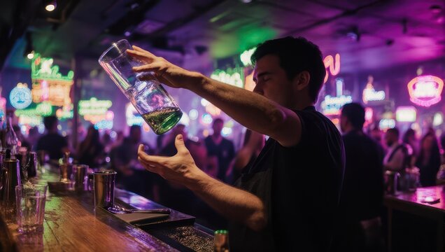 Bartender Pouring Drink at Busy Bar with Neon Lights.
