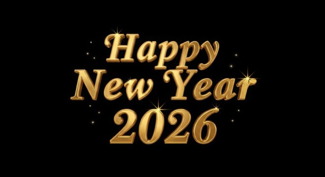 Happy new year 2026 golden text with shiny festive sparkles design - Powered by Adobe