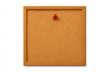 Empty cork board with wood frame and single red pushpin providing space for notes, messages, or announcements on transparent background