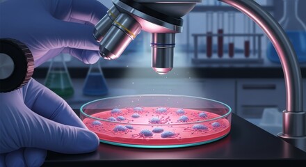 Microbiological research illustration showing a scientist analyzing glowing cellular organisms in a petri dish with a microscope for a breakthrough