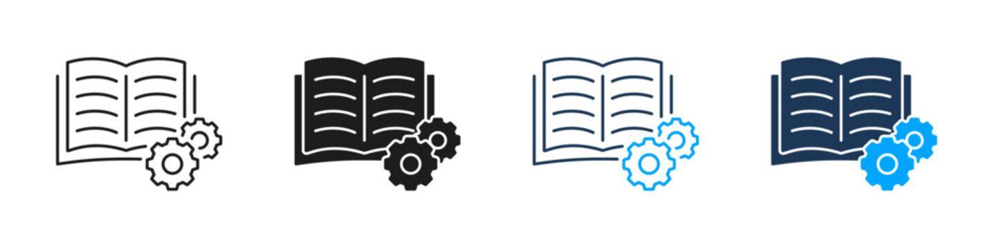 Open Book With Gear Education Settings Line and Solid Icon Set. Knowledge Learning Configuration Symbol Collection. Isolated Vector Illustration