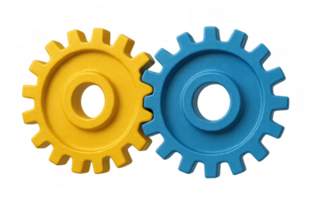 Interlocking yellow and blue gears representing teamwork, connection, business cooperation, and system integration on transparent background