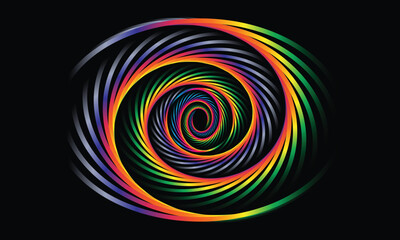 Vibrant rainbow swirl pattern abstract background with dark center and black backdrop