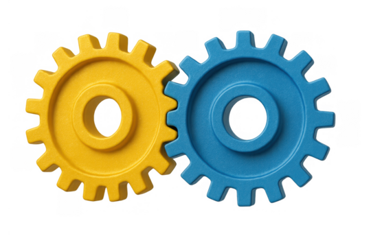 Interlocking yellow and blue gears representing teamwork, connection, business cooperation, and system integration on transparent background