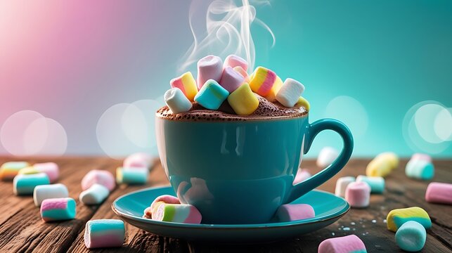 Steaming hot chocolate colorful marshmallows sweet aroma images