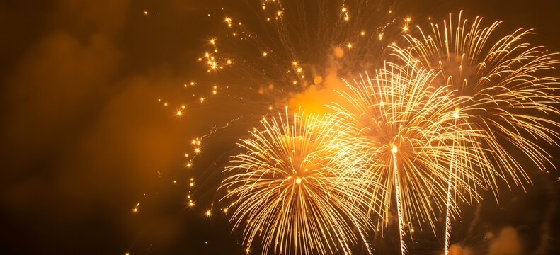 Golden fireworks exploding in the night sky with copy space for text overlay