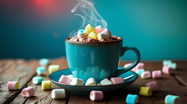Steaming hot chocolate fluffy colorful marshmallow drink images