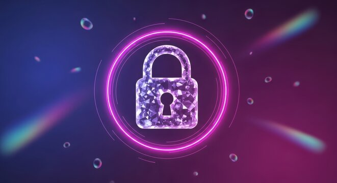 Geometric polygon style lock icon in center of glowing neon circle representing digital security protection technology