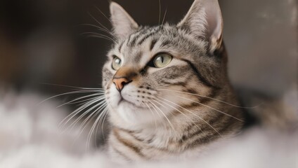 Close-up of a beautiful tabby cat looking away with curiosity.