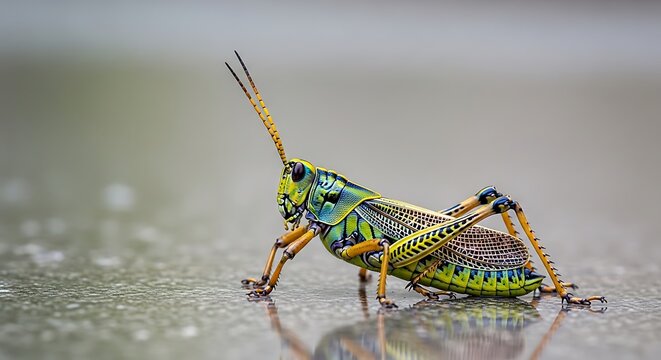 Close up of a vibrant green and blue grasshopper on a wet surface insect macro