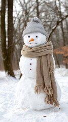 Charming winter snowman with hat and scarf in a forest scene