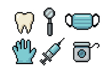 Set of pixel art icons representing dental care and hygiene, including a tooth, mirror, mask, glove, syringe, and floss