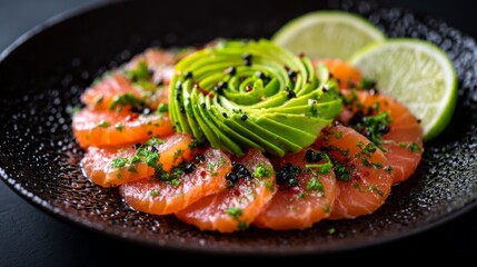 Delicate carpaccio with avocado rosettes and fresh lime halves on textured black plate, gourmet appetizer presentation, fine dining, elegant culinary food photography
