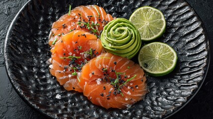 Fresh salmon carpaccio with delicate avocado rosettes and halved limes on a textured black plate in elegant modern gourmet food presentation