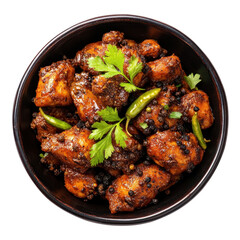 A bowl filled with saucy chicken wings, complemented by fresh green leaves, isolated on transparent background