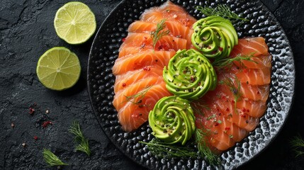 Fresh salmon carpaccio with delicate avocado rosettes and halved limes on a textured black plate in elegant modern gourmet food presentation