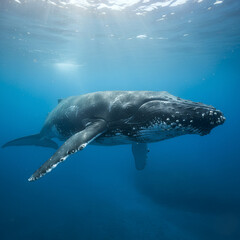 Obraz premium Underwater Whale Glide with Light Rays