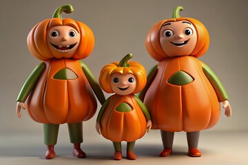 Three adorable pumpkin costumed characters stand together