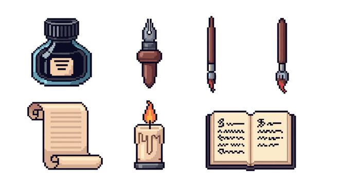 Charming collection of pixel art icons, showcasing traditional writing and art tools like an ink bottle, quill pen, paintbrushes, a scroll, a burning candle, and an open book, in a retro 8-bit style