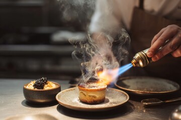 Professional chef caramelizing a dessert with a culinary torch in a kitchen setting