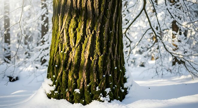 Close up of mossy tree trunk in snowy forest with sunlight bark green