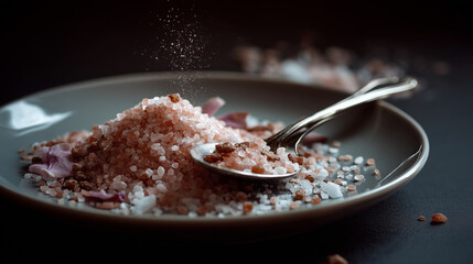 Gourmet pink salt pile in a dish with spoon