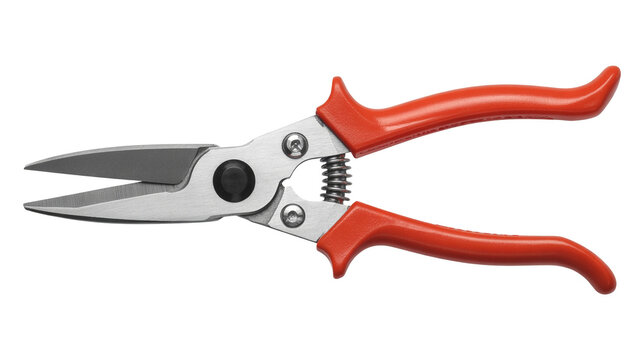 Precision shears with red handles for gardening or floral design close up detailed view studio shot