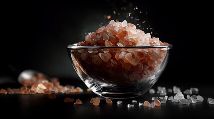 Glass bowl with pink Himalayan salt on black matte background