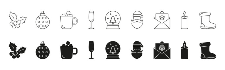 Christmas And Winter Holiday Icons In Line, Outline, And Glyph Set. Festive Celebration And Seasonal Decoration Symbol Collection. Holiday And Xmas. Isolated Vector Illustration