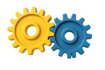 Two colorful gears, yellow and blue, linking together, representing a business collaboration or mechanical system