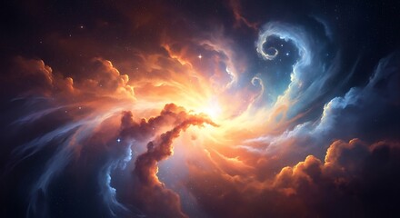 Swirling Nebula with Bright Sunburst and Stars in Deep Space galaxy universe
