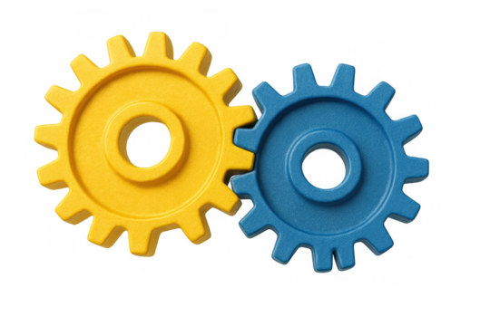 Two colorful gears, yellow and blue, linking together, representing a business collaboration or mechanical system