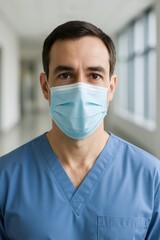 Doctor wearing surgical mask in modern hospital hallway, professional healthcare portrait