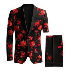 A black and red floral suit with a matching black shirt and pants, presenting a sophisticated and modern look, isolated on transparent background
