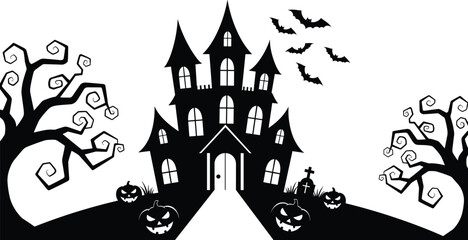 Haunted house Halloween silhouette scene, spooky castle with bats, creepy trees, scary pumpkins, horror night illustration art