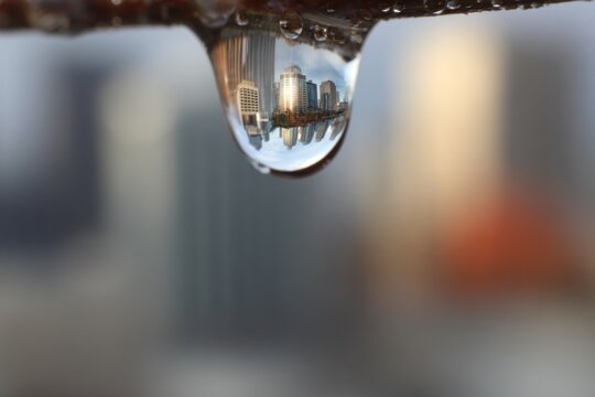 Close-up of a water droplet reflecting an inverted cityscape with modern high-rise buildings at sunset