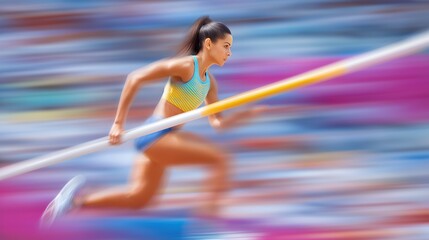 Female Pole Vaulter Sprinting With Pole