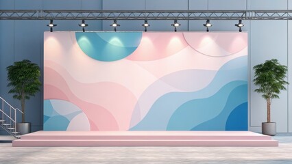 Vibrant modern stage setup with pastel wave backdrop, spotlighting a clean presentation space for events and product launches.