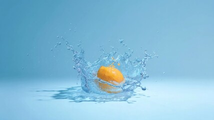 Fresh oranges splashing in water on blue background. AI image