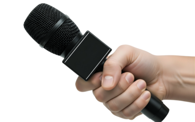 Hand holding a microphone isolated on transparent background