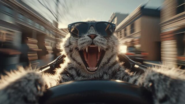 Funny cat driving car through city streets wearing sunglasses, crazy pet in fast-motion racing urban adventure