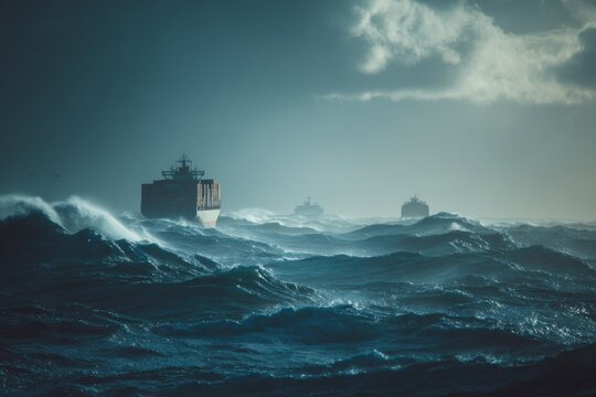 Large cargo ships with stacked containers bravely sailing across a vast, deep blue ocean amidst strong winds and high swells