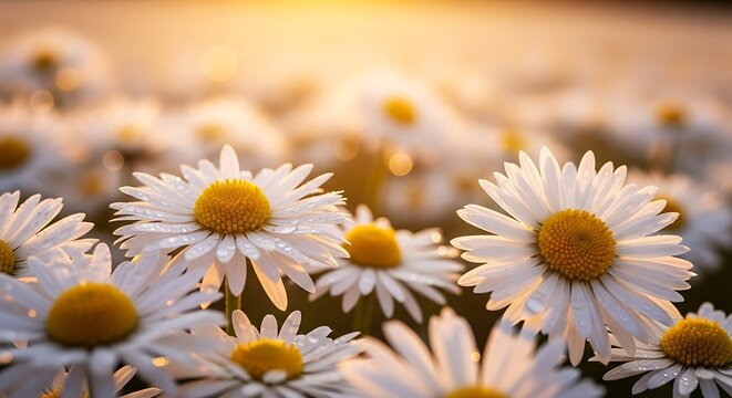 Close up of white daisies with yellow centers covered in dew drops daisy flower - Powered by Adobe