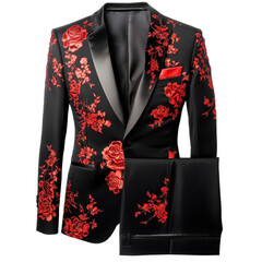 A black and red floral suit with a matching black shirt and pants, presenting a sophisticated and modern look, isolated on transparent background