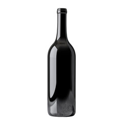 A black wine bottle stands upright against a simple gray background with a minimalist display, isolated on transparent background